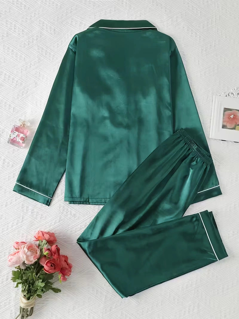Women's 2-Piece Satin Stripe Pajama Set with Button-Up Shirt & Relaxed Shorts