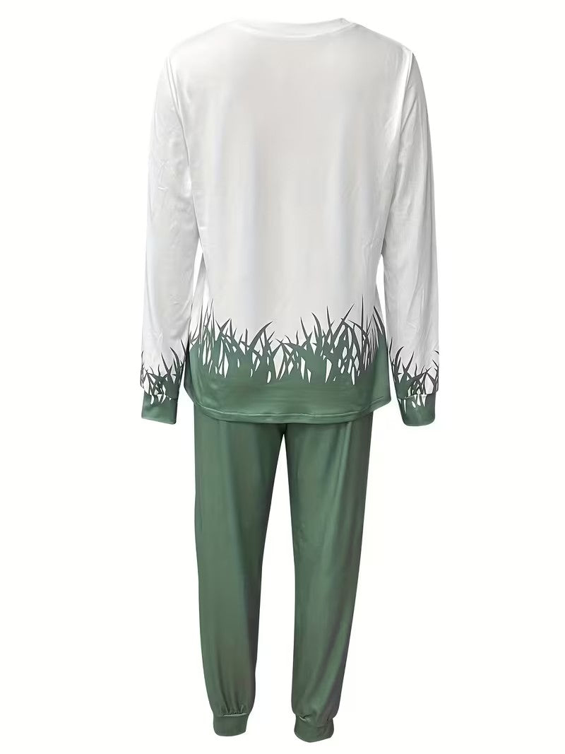 Women's Plus Size Cat Print Casual 2-Piece Outfit | Long Sleeve Crew Neck Top & High Waist Lace-Up Pants | Spring & Autumn Co-Ord Set