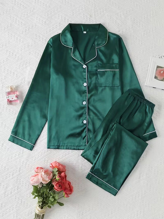 Women's 2-Piece Satin Stripe Pajama Set with Button-Up Shirt & Relaxed Shorts