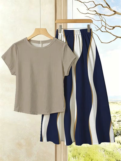 Women's Summer Casual Skirt Co-Ord Set | Solid Top & Printed Skirt 2-Piece Outfit