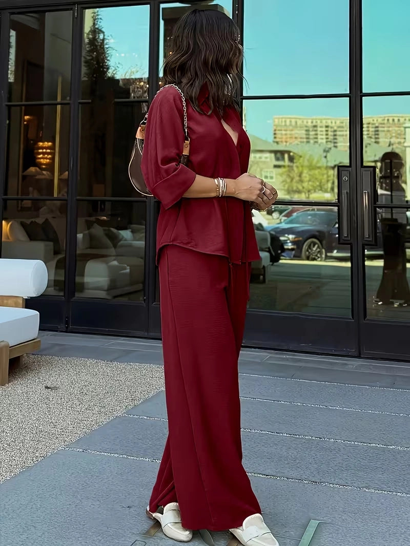 Relaxed Drawstring Co-Ord Set – Lapel Long Sleeve Top & Wide-Leg Pants