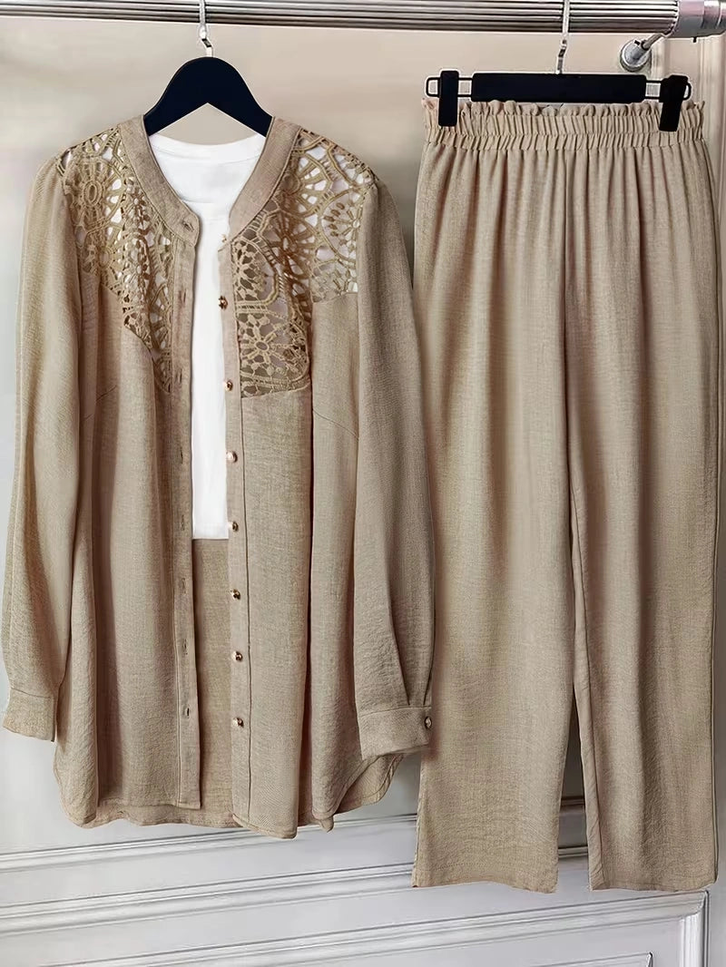 Elegant Lace Back Co-Ord Set – Relaxed Shirt & Wide-Leg Pants for Effortless Style