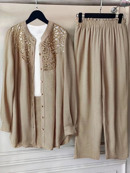 Elegant Lace Back Co-Ord Set – Relaxed Shirt & Wide-Leg Pants for Effortless Style