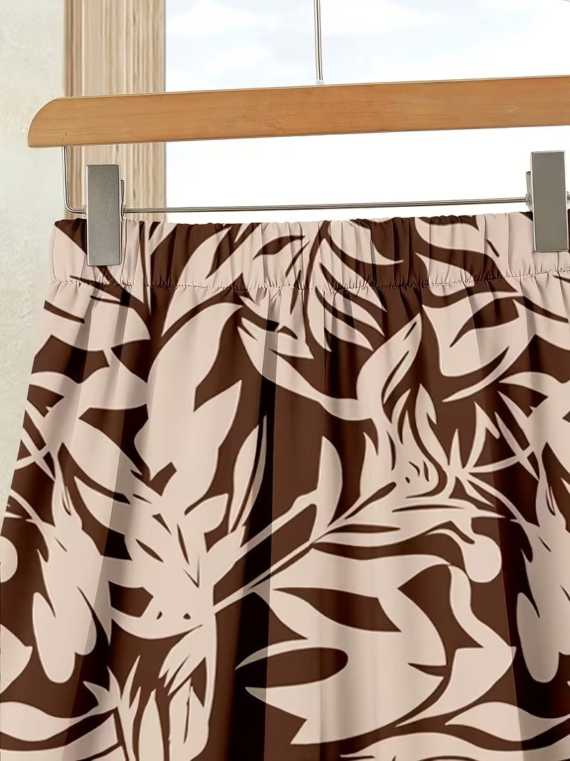 Women's Summer Casual Skirt Co-Ord Set | Solid Top & Printed Skirt 2-Piece Outfit