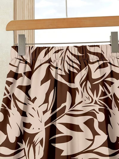 Women's Summer Casual Skirt Co-Ord Set | Solid Top & Printed Skirt 2-Piece Outfit