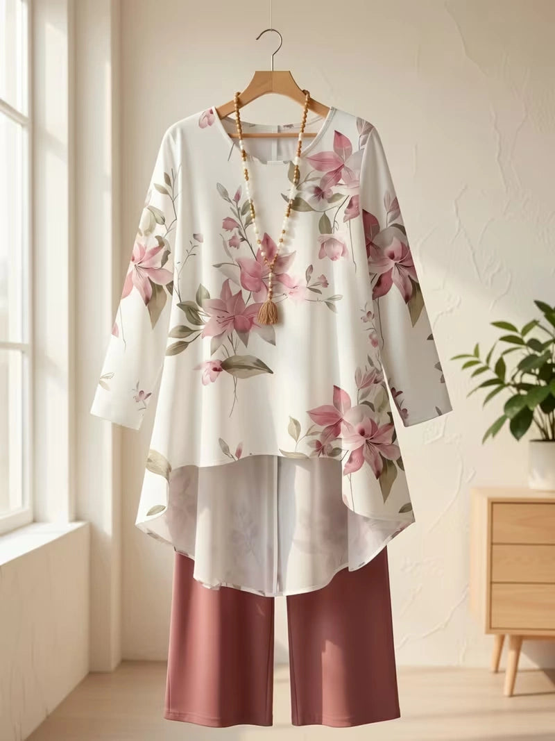 Plus Size Floral Elegance Co-Ord Set with Asymmetrical Tunic & Wide-Leg Pants
