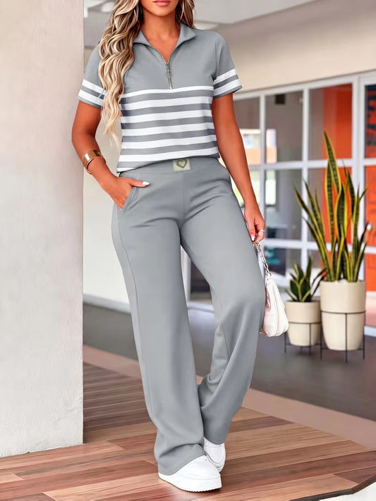 Women's Summer Striped Casual Co-Ord Set | Half-Zip Polo Top & Wide-Leg Pants 2-Piece Outfit
