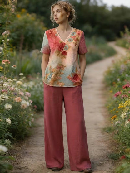 Women's Vintage Floral Wide-Leg Co-Ord Set – Elegant 2-Piece Outfit