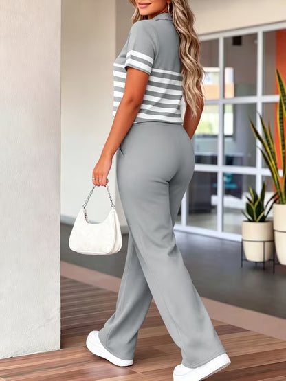 Women's Summer Striped Casual Co-Ord Set | Half-Zip Polo Top & Wide-Leg Pants 2-Piece Outfit