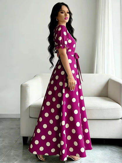 Women's Timeless Polka Dot Midi Dress – Puff Sleeve Belted Fit & Flare Dress