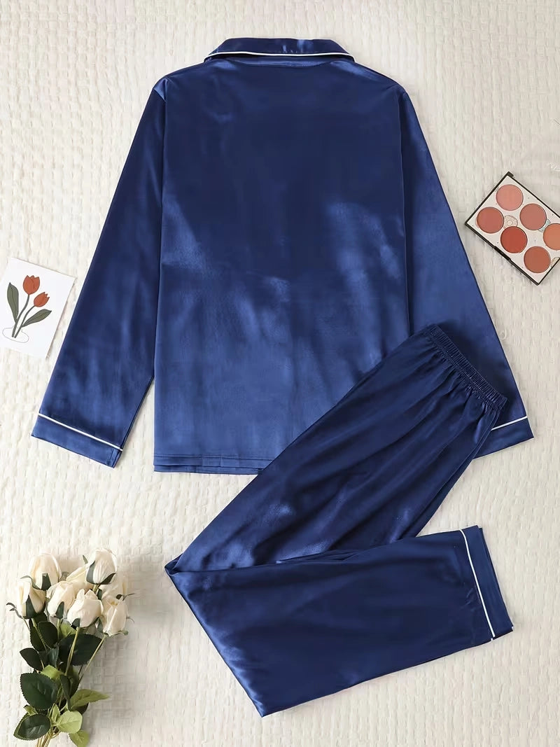 Women's 2-Piece Satin Stripe Pajama Set with Button-Up Shirt & Relaxed Shorts
