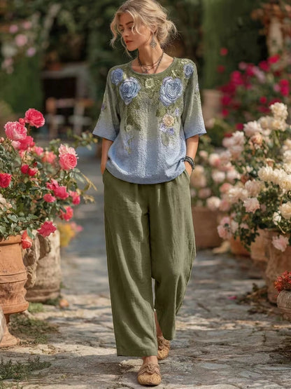 Women's Vintage Floral Wide-Leg Co-Ord Set – Elegant 2-Piece Outfit