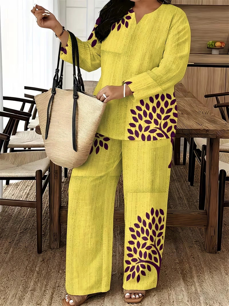 Women's Ethnic Leaf Print Boho Co-Ord Set – Long Sleeve Top & Wide-Leg Pants (2-Piece)