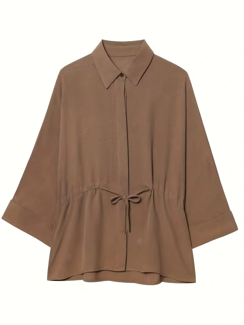 Relaxed Drawstring Co-Ord Set – Lapel Long Sleeve Top & Wide-Leg Pants