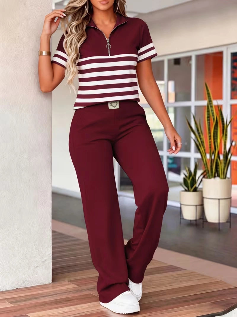 Women's Summer Striped Casual Co-Ord Set | Half-Zip Polo Top & Wide-Leg Pants 2-Piece Outfit