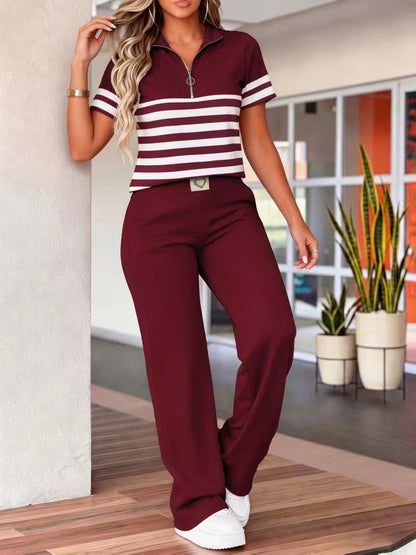 Women's Summer Striped Casual Co-Ord Set | Half-Zip Polo Top & Wide-Leg Pants 2-Piece Outfit