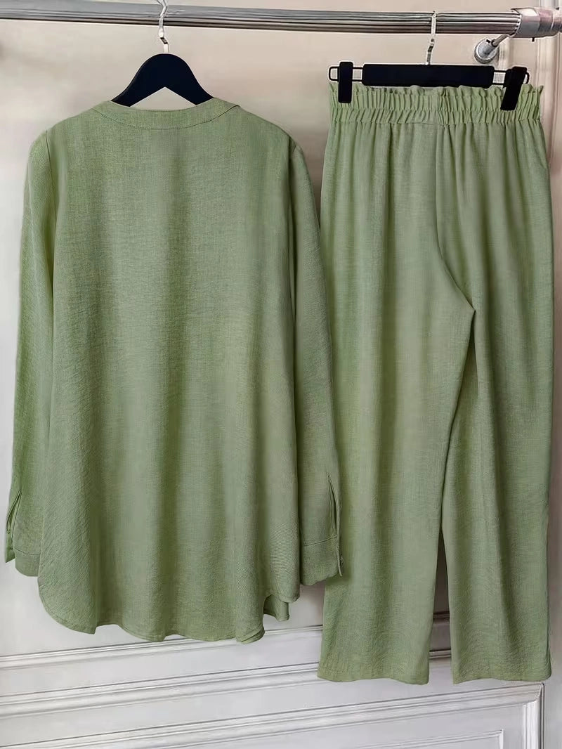 Elegant Lace Back Co-Ord Set – Relaxed Shirt & Wide-Leg Pants for Effortless Style