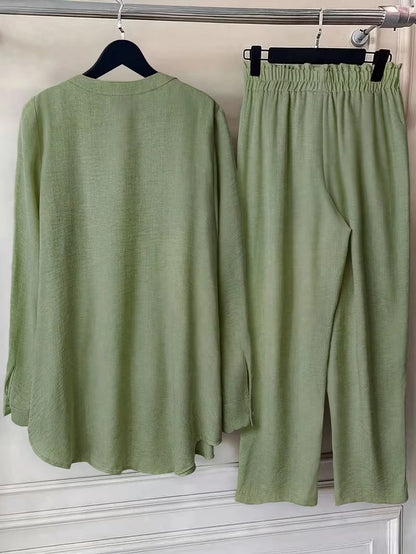 Elegant Lace Back Co-Ord Set – Relaxed Shirt & Wide-Leg Pants for Effortless Style