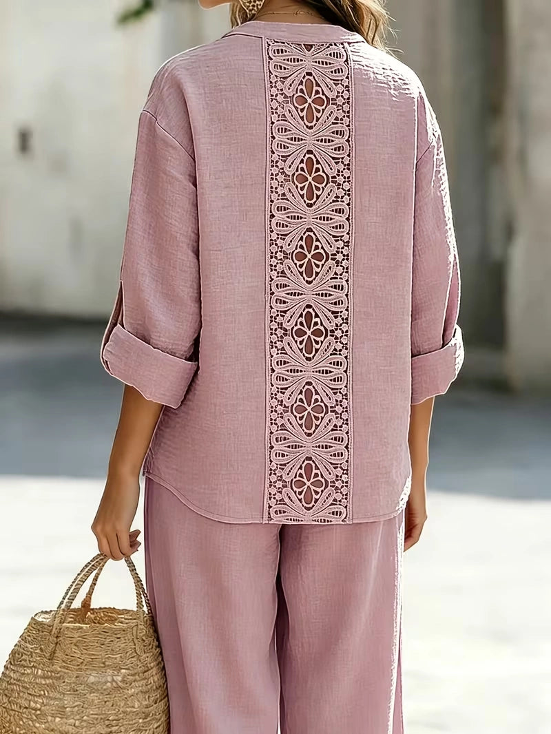 Elegant Lace Back Co-Ord Set – Relaxed Shirt & Wide-Leg Pants for Effortless Style