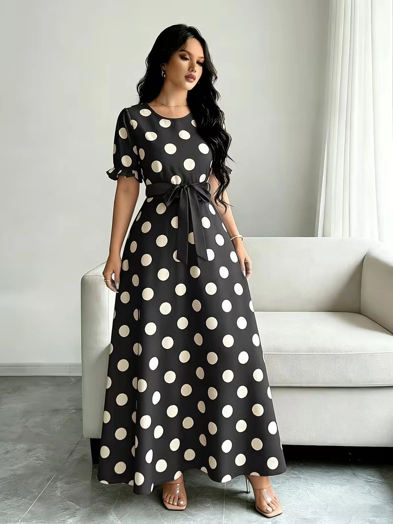 Women's Timeless Polka Dot Midi Dress – Puff Sleeve Belted Fit & Flare Dress