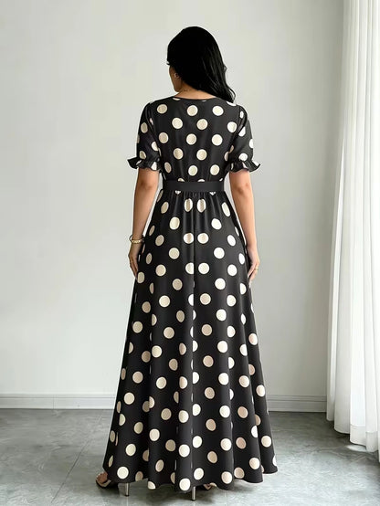 Women's Timeless Polka Dot Midi Dress – Puff Sleeve Belted Fit & Flare Dress