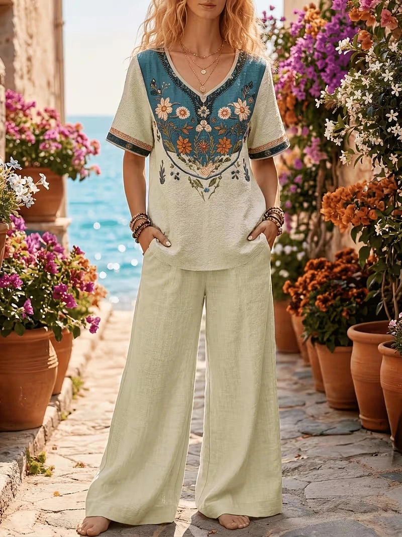 Women's Vintage Floral Wide-Leg Co-Ord Set – Elegant 2-Piece Outfit