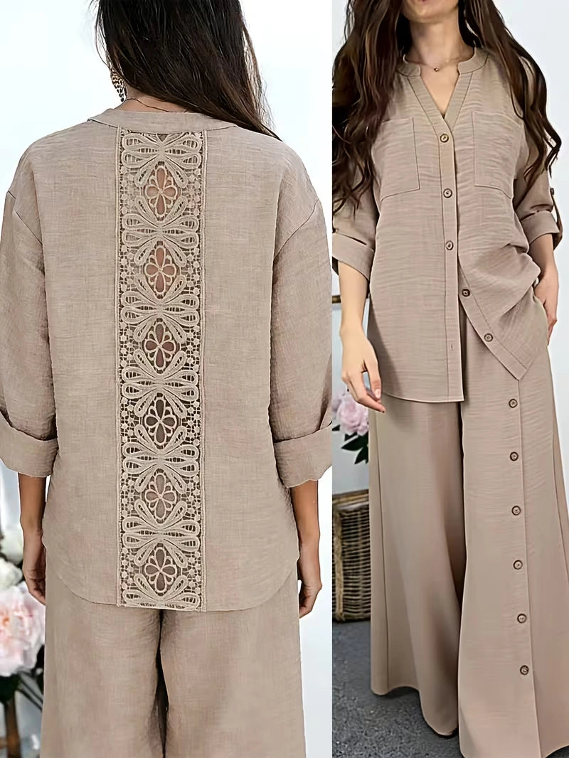 Elegant Lace Back Co-Ord Set – Relaxed Shirt & Wide-Leg Pants for Effortless Style