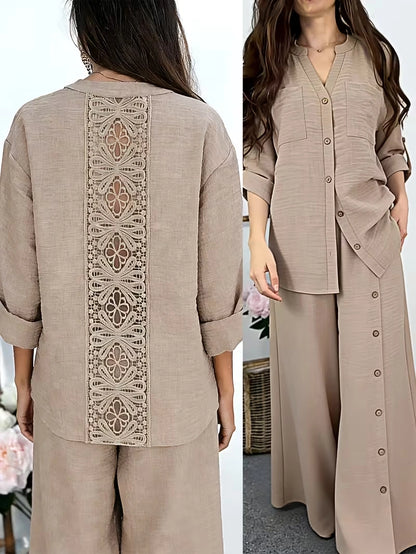 Elegant Lace Back Co-Ord Set – Relaxed Shirt & Wide-Leg Pants for Effortless Style
