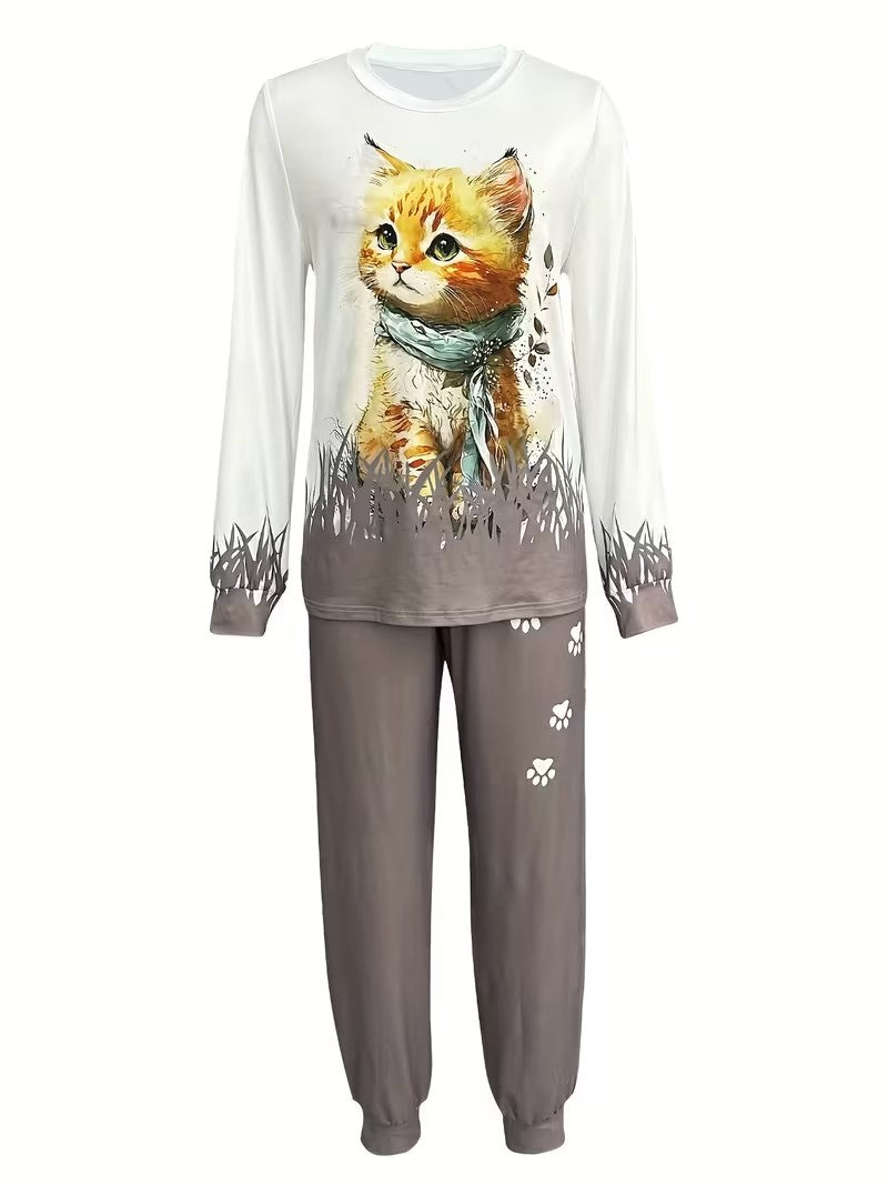Women's Plus Size Cat Print Casual 2-Piece Outfit | Long Sleeve Crew Neck Top & High Waist Lace-Up Pants | Spring & Autumn Co-Ord Set