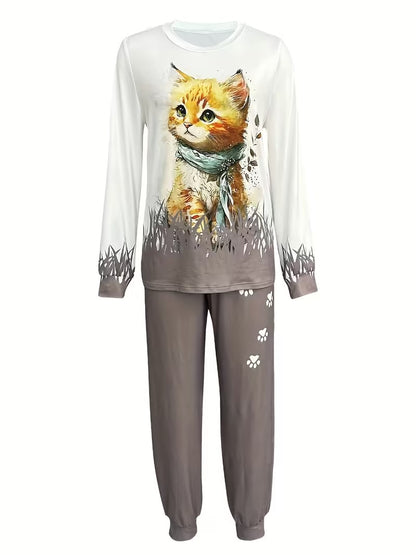 Women's Plus Size Cat Print Casual 2-Piece Outfit | Long Sleeve Crew Neck Top & High Waist Lace-Up Pants | Spring & Autumn Co-Ord Set