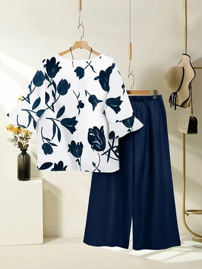 Plus Size Floral Elegance Co-Ord Set with Asymmetrical Tunic & Wide-Leg Pants