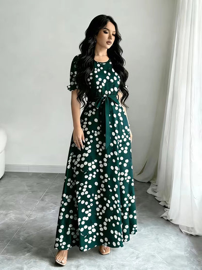 Women's Timeless Polka Dot Midi Dress – Puff Sleeve Belted Fit & Flare Dress