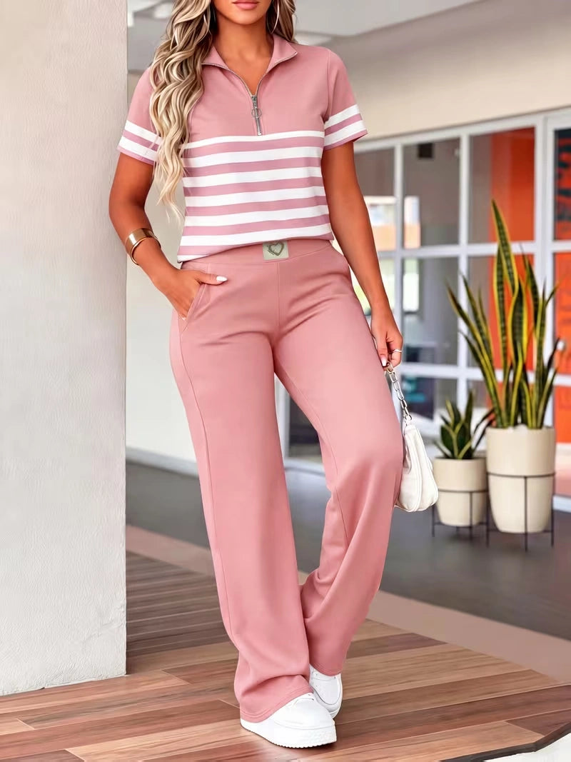 Women's Summer Striped Casual Co-Ord Set | Half-Zip Polo Top & Wide-Leg Pants 2-Piece Outfit
