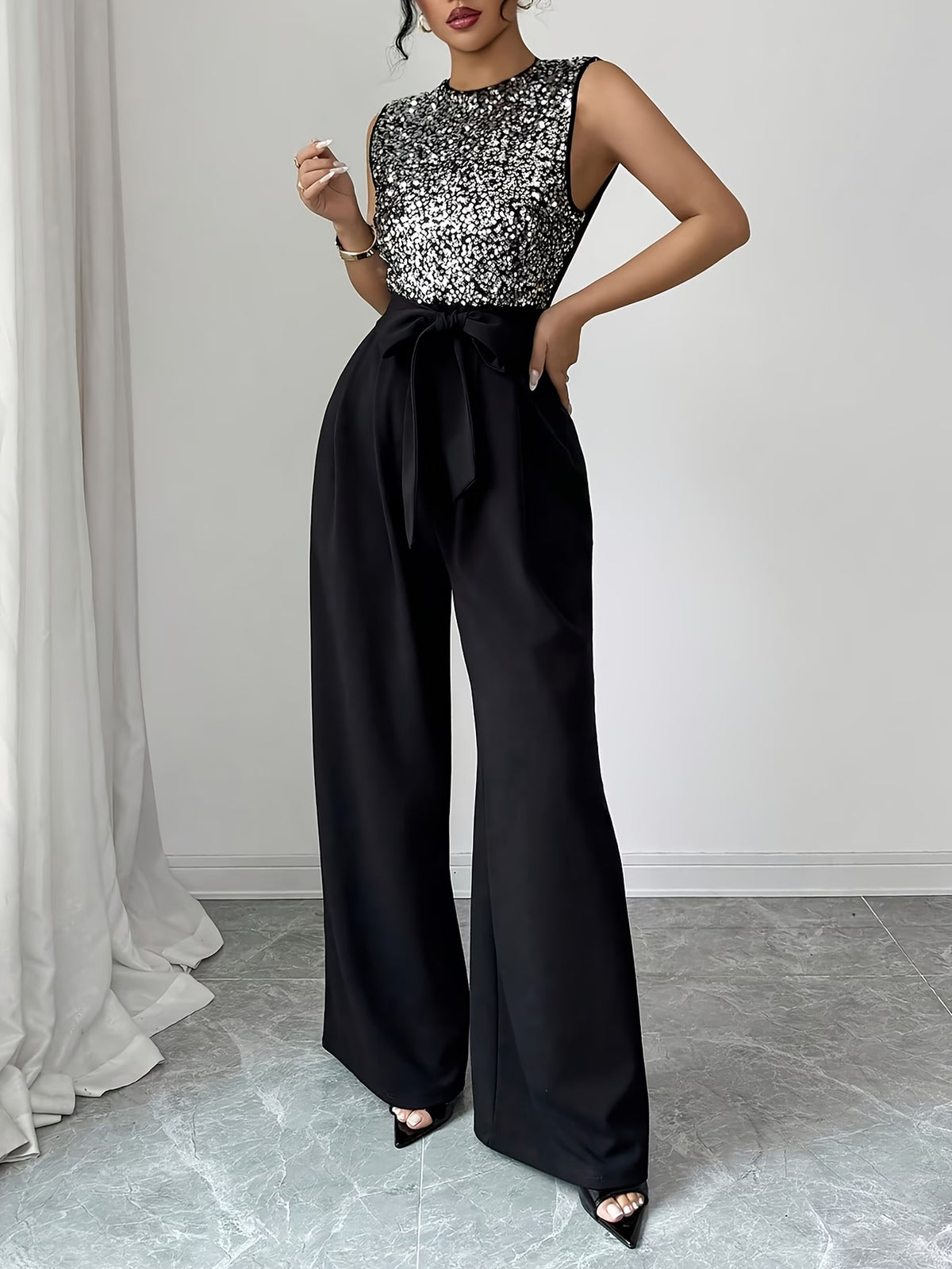 Women’s Black Sequin Wide-Leg Jumpsuit with Waist Bow