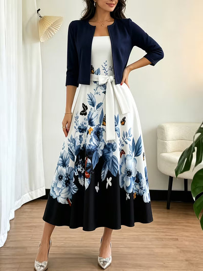 Elegant Floral Print 2-Piece Dress