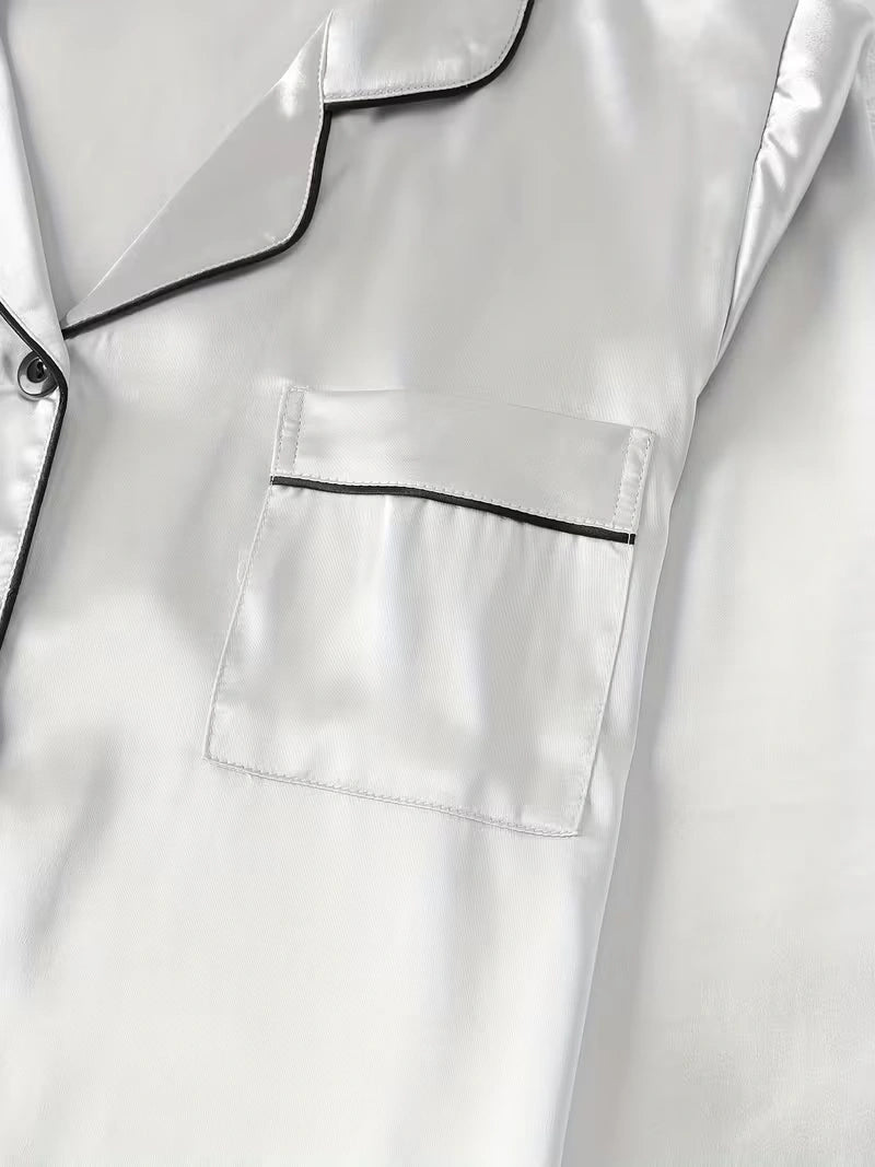 Women's 2-Piece Satin Stripe Pajama Set with Button-Up Shirt & Relaxed Shorts