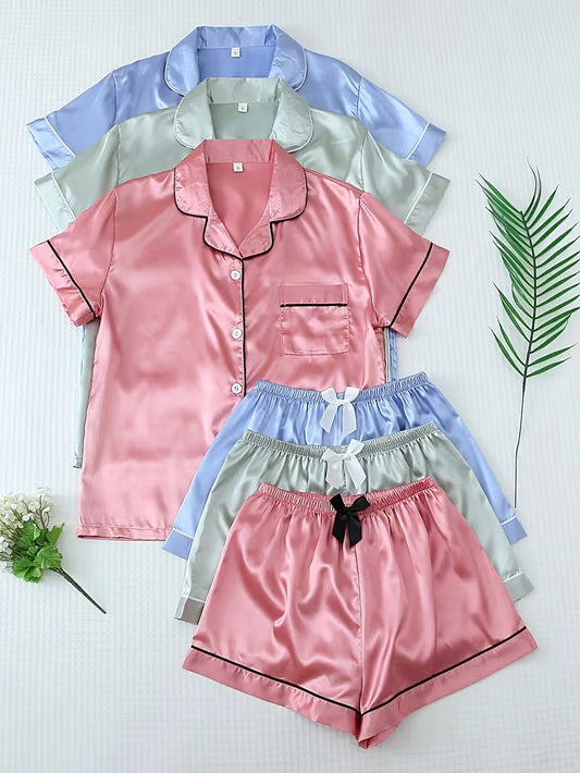 Women's 3-Piece Satin Pajama Set with Button-Up Shirt & Relaxed Shorts