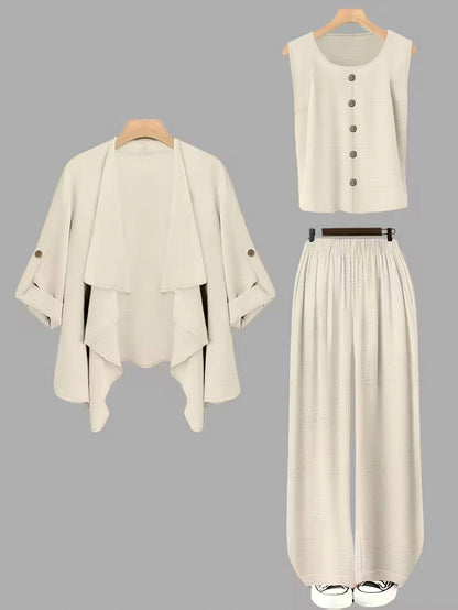 Elegant 3-Piece Co-Ord Set – Cardigan Jacket, Sleeveless Top & Relaxed Pants
