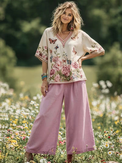 Women's Vintage Floral Wide-Leg Co-Ord Set – Elegant 2-Piece Outfit