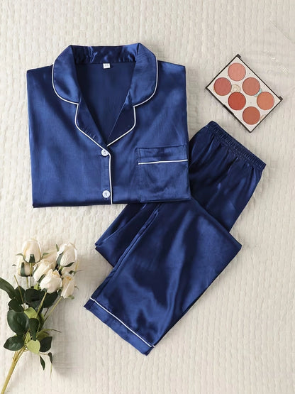 Women's 2-Piece Satin Stripe Pajama Set with Button-Up Shirt & Relaxed Shorts