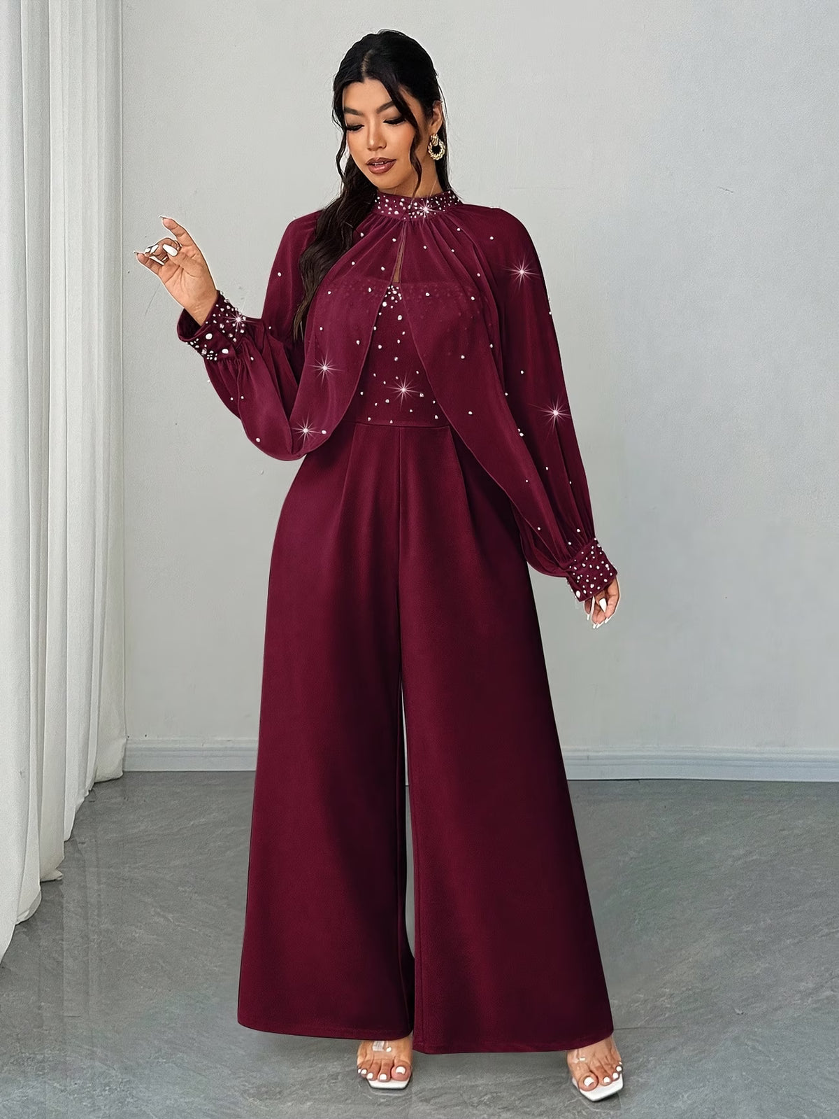 Women’s Maroon Embellished Cape Sleeve Wide-Leg Jumpsuit