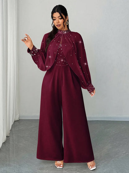 Women’s Maroon Embellished Cape Sleeve Wide-Leg Jumpsuit