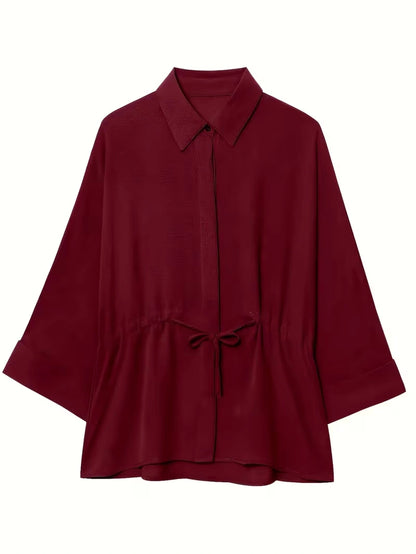 Relaxed Drawstring Co-Ord Set – Lapel Long Sleeve Top & Wide-Leg Pants