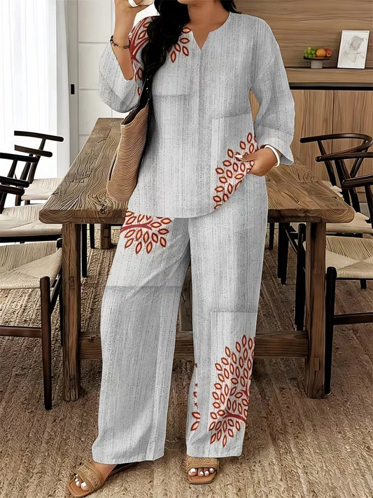 Women's Ethnic Leaf Print Boho Co-Ord Set – Long Sleeve Top & Wide-Leg Pants (2-Piece)