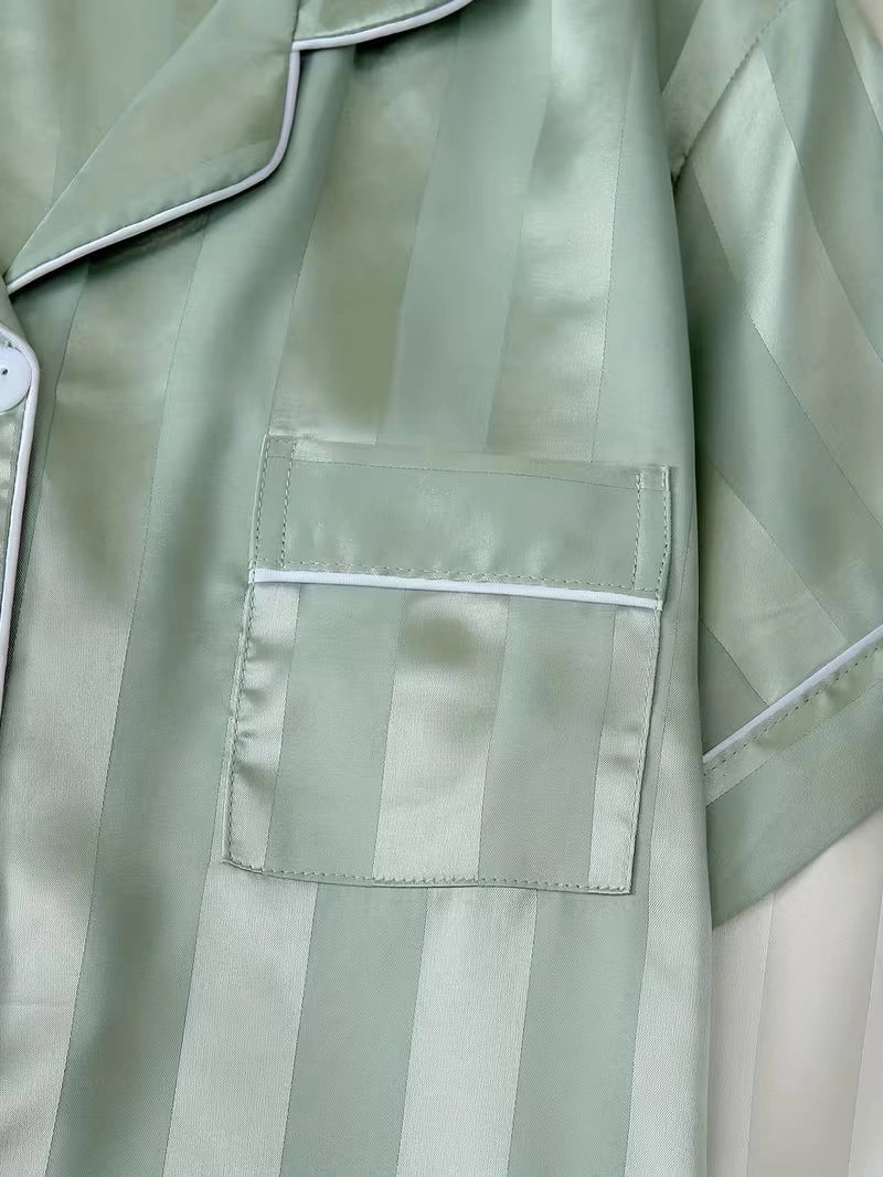 Women's 2-Piece Satin Stripe Pajama Set with Button-Up Shirt & Relaxed Shorts