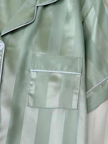Women's 2-Piece Satin Stripe Pajama Set with Button-Up Shirt & Relaxed Shorts