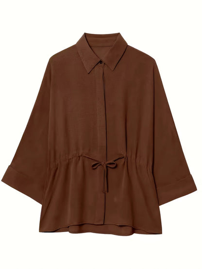 Relaxed Drawstring Co-Ord Set – Lapel Long Sleeve Top & Wide-Leg Pants