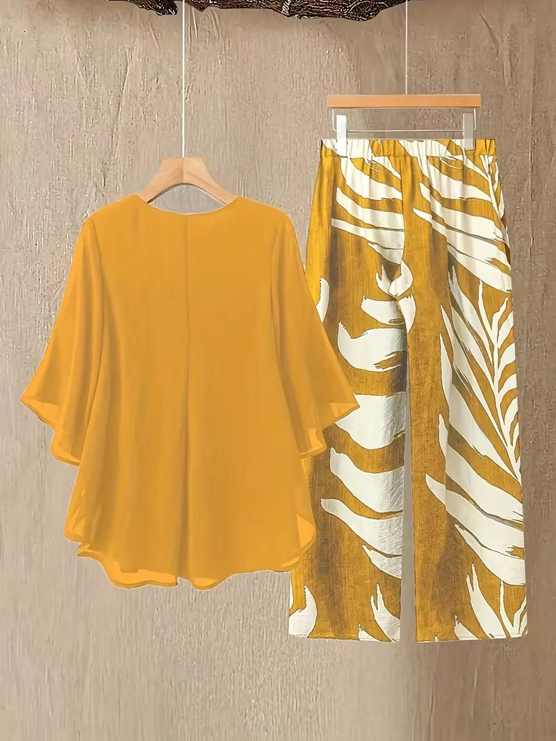 Chiffon Co-Ord Set – Batwing Sleeve Loose Top & Wide-Leg Pants (2-Piece)