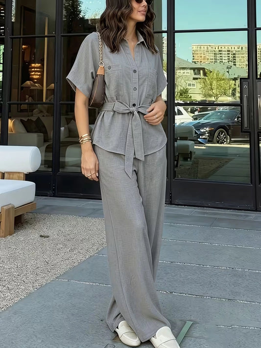 Relaxed Drawstring Co-Ord Set – Lapel Long Sleeve Top & Wide-Leg Pants