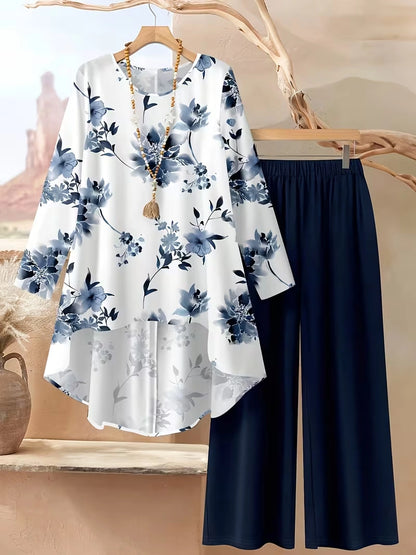 Plus Size Floral Elegance Co-Ord Set with Asymmetrical Tunic & Wide-Leg Pants